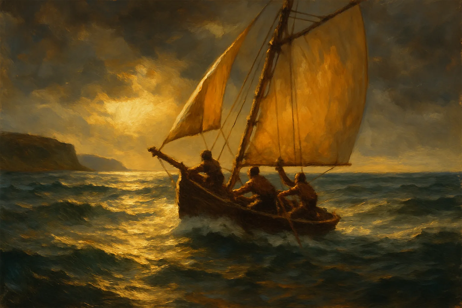 A small wooden vessel with a single broad sail leans hard into a rising wind under a sky split between storm-grey and gold, its crew straining at the lines as the last sliver of known coastline shrinks behind them and an unmarked horizon opens ahead.