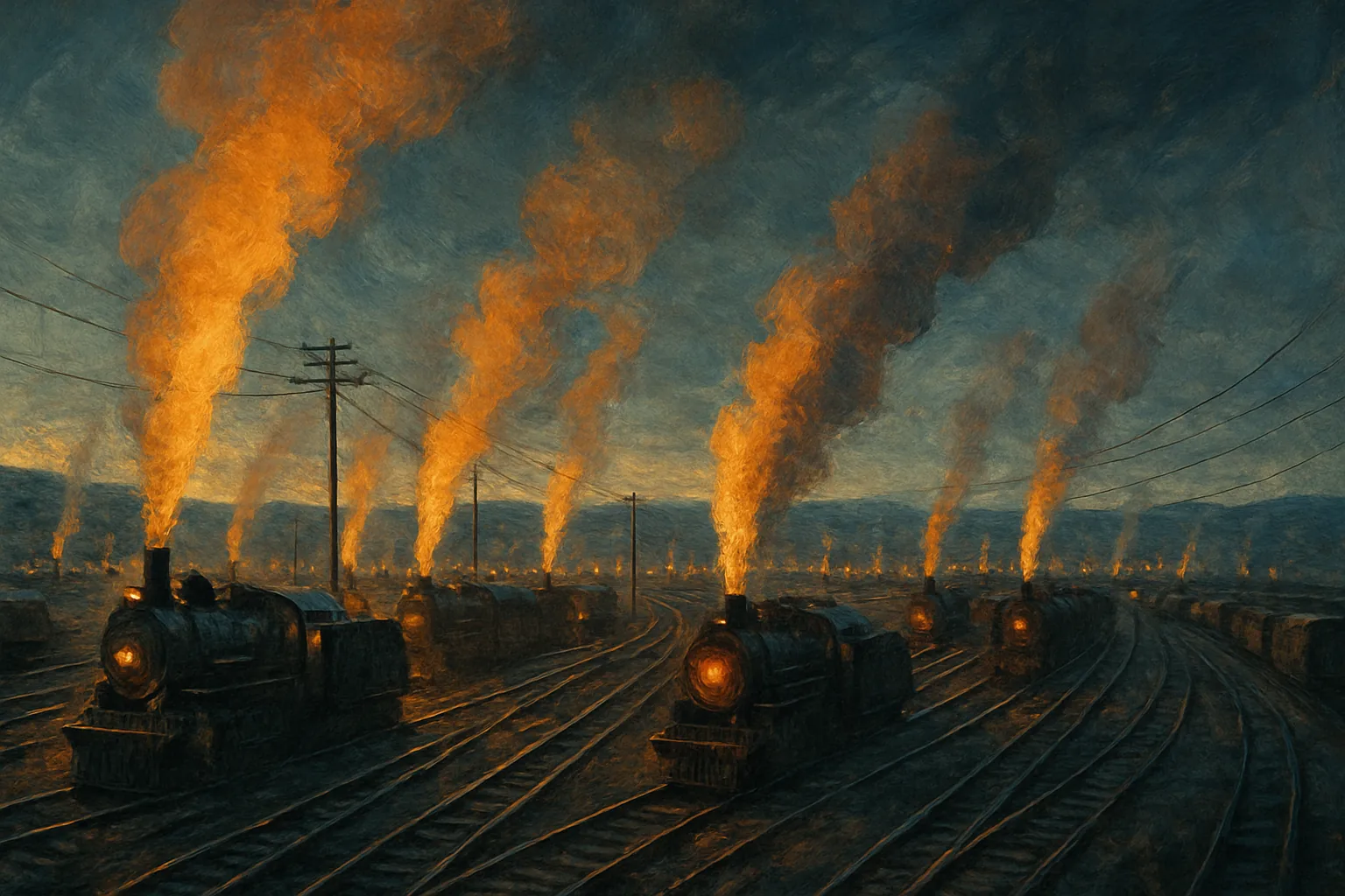 A vast iron rail yard at dusk, dozens of steam locomotives venting plumes of glowing amber smoke into a darkening sky, threads of telegraph wire and rail track radiating outward across the land like a nervous system being laid down in real time.