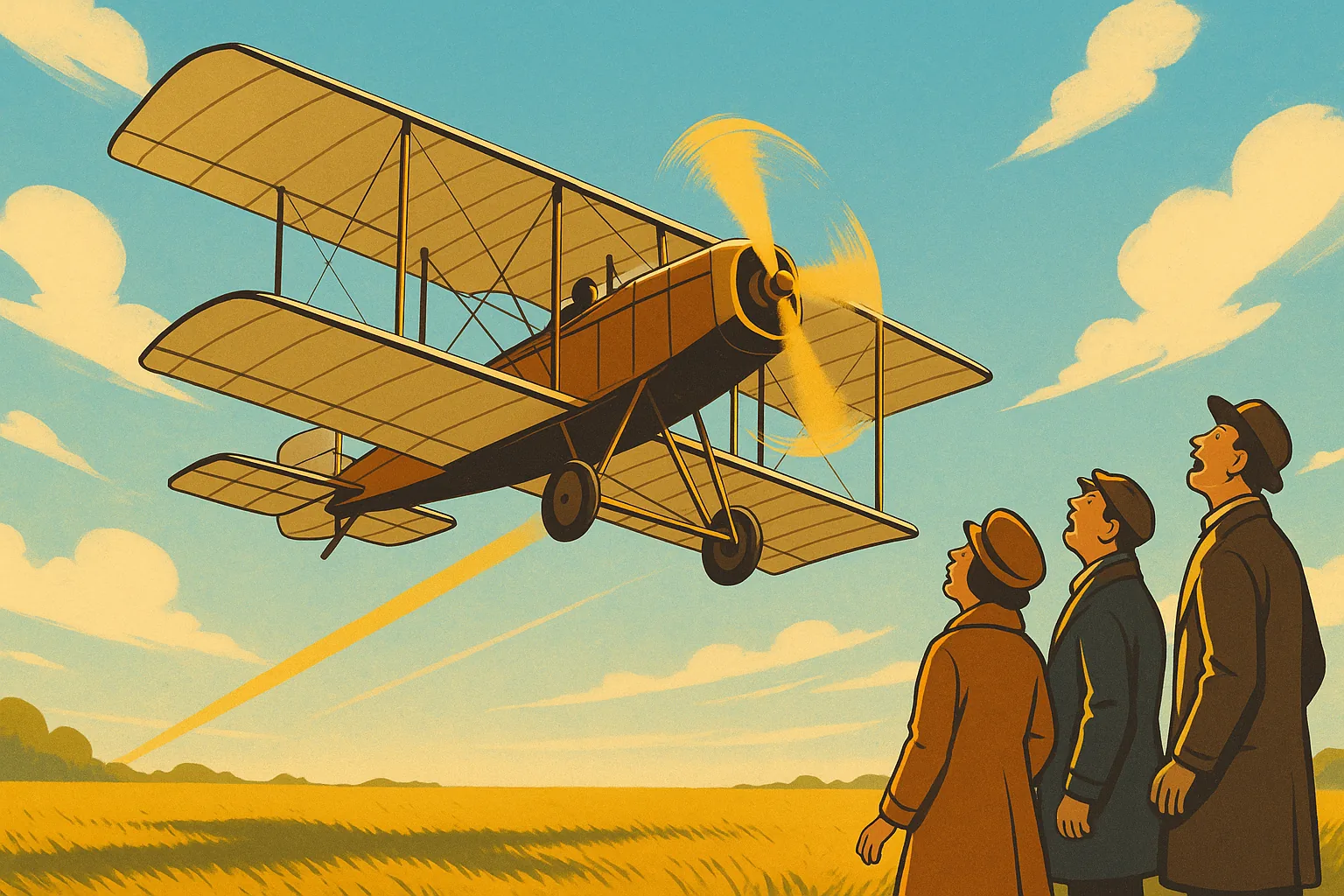 A fragile wood-and-canvas biplane lifts off a grassy field at dawn, its propeller a blur of gold light casting a long thin shadow across the grass, as a small cluster of onlookers in old-fashioned coats and hats stare upward in open-mouthed wonder.