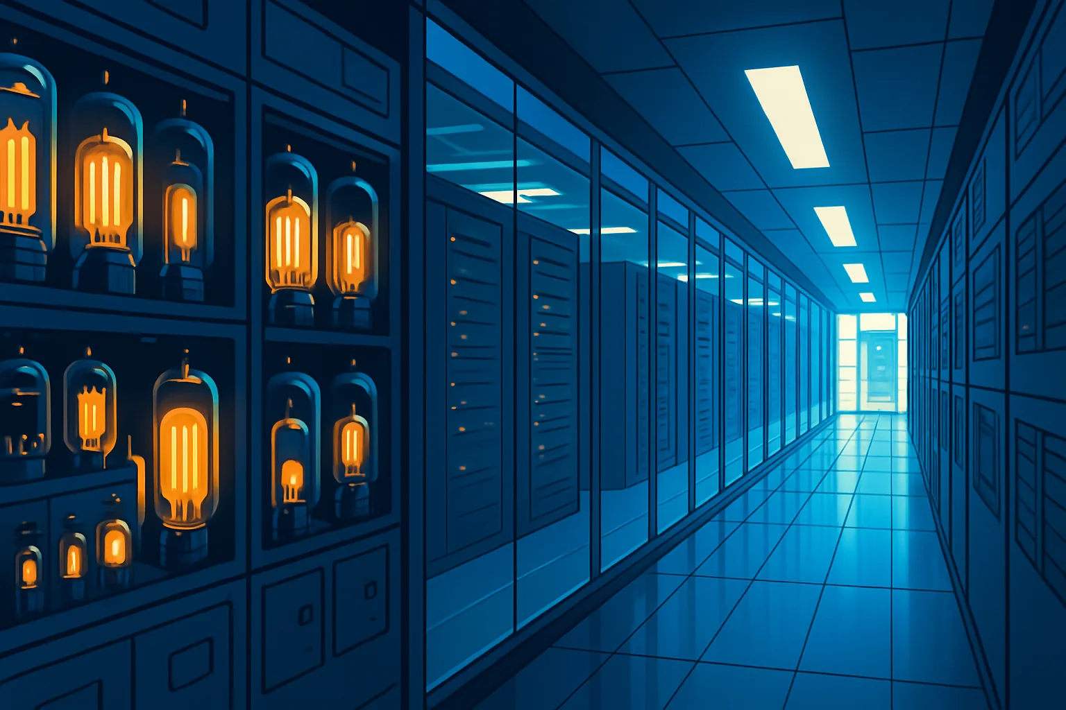 In a cool blue-lit room, rows of glowing vacuum-tube cabinets hum beside a corridor of glass and light that seems to telescope forward into a modern data center, as if two eras of the same machine share one continuous breath of illumination.