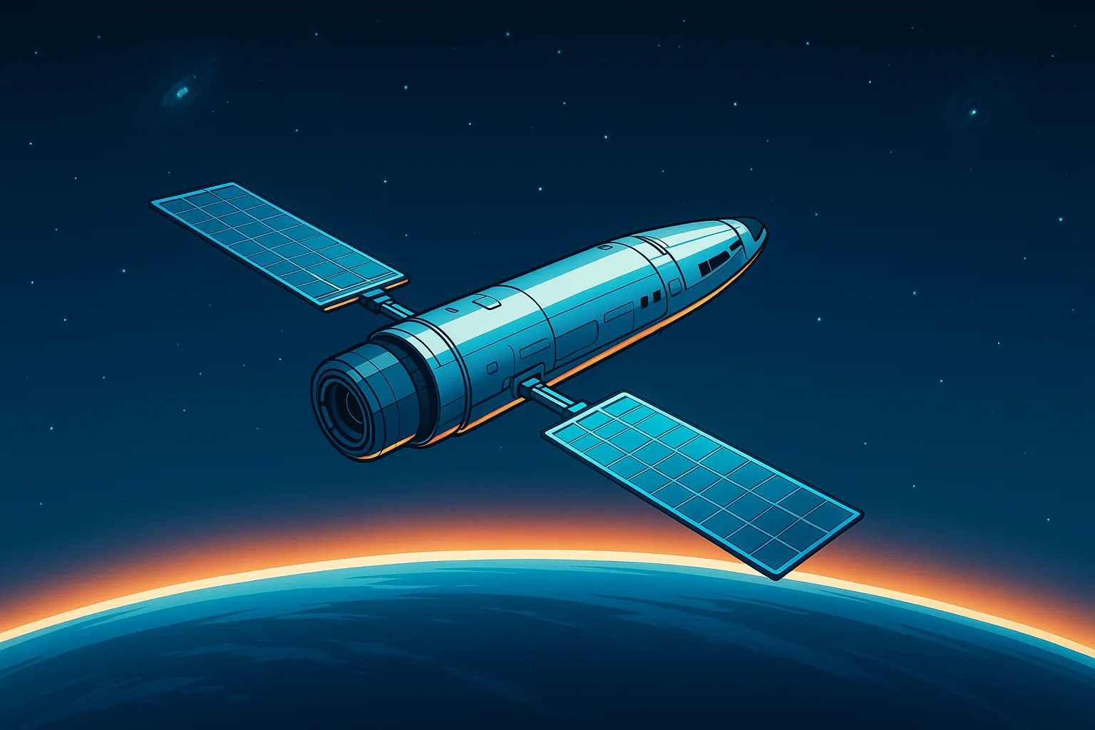 Seen from low orbit, a slender silver spacecraft drifts above the curved blue limb of the Earth, its solar panels catching the first hard light of sunrise as the dark beyond opens out, scattered with the cool fire of distant stars.