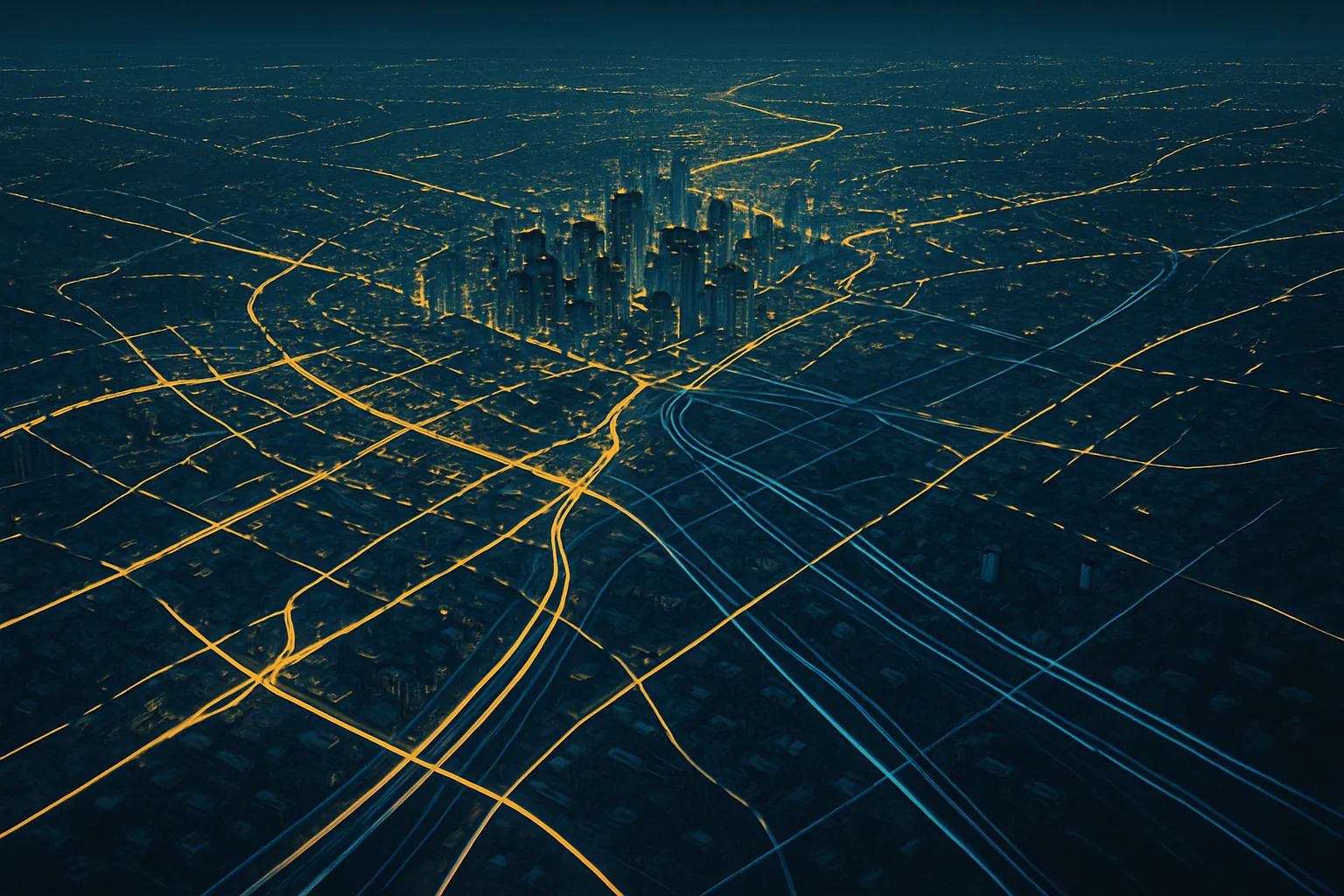 Seen from high above at night, a vast city glows like a living nervous system — webs of golden street-light, blue-white power grids, and silver transit lines all interlocking and pulsing across the dark land in one continuous, breathing structure.