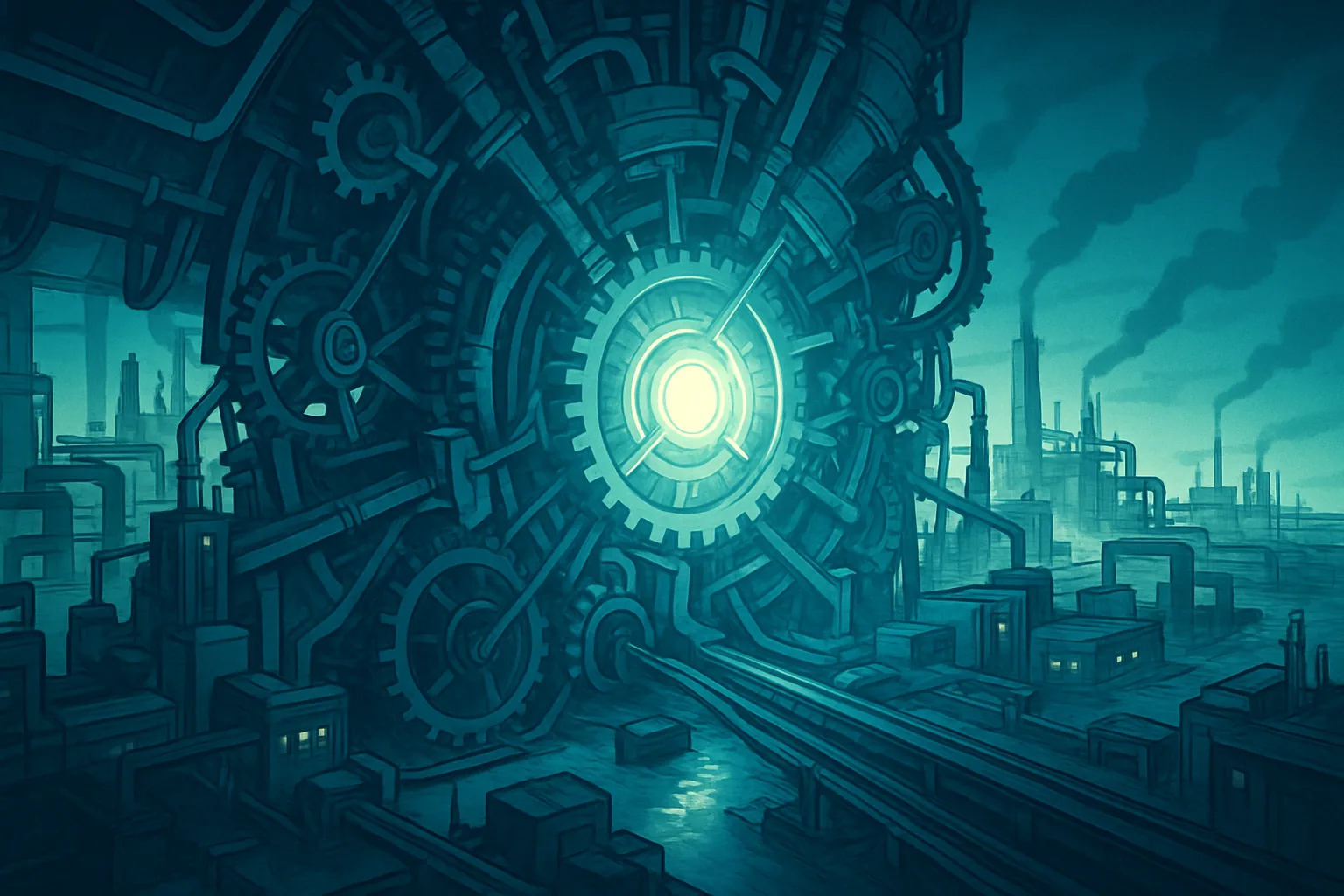 A vast, glowing industrial engine of light and turning gears fills the frame, its countless interlocking parts radiating outward into glowing factories, ports, and supply lines that stretch to the horizon — a machine that visibly cannot be slowed without everything connected to it grinding down too.
