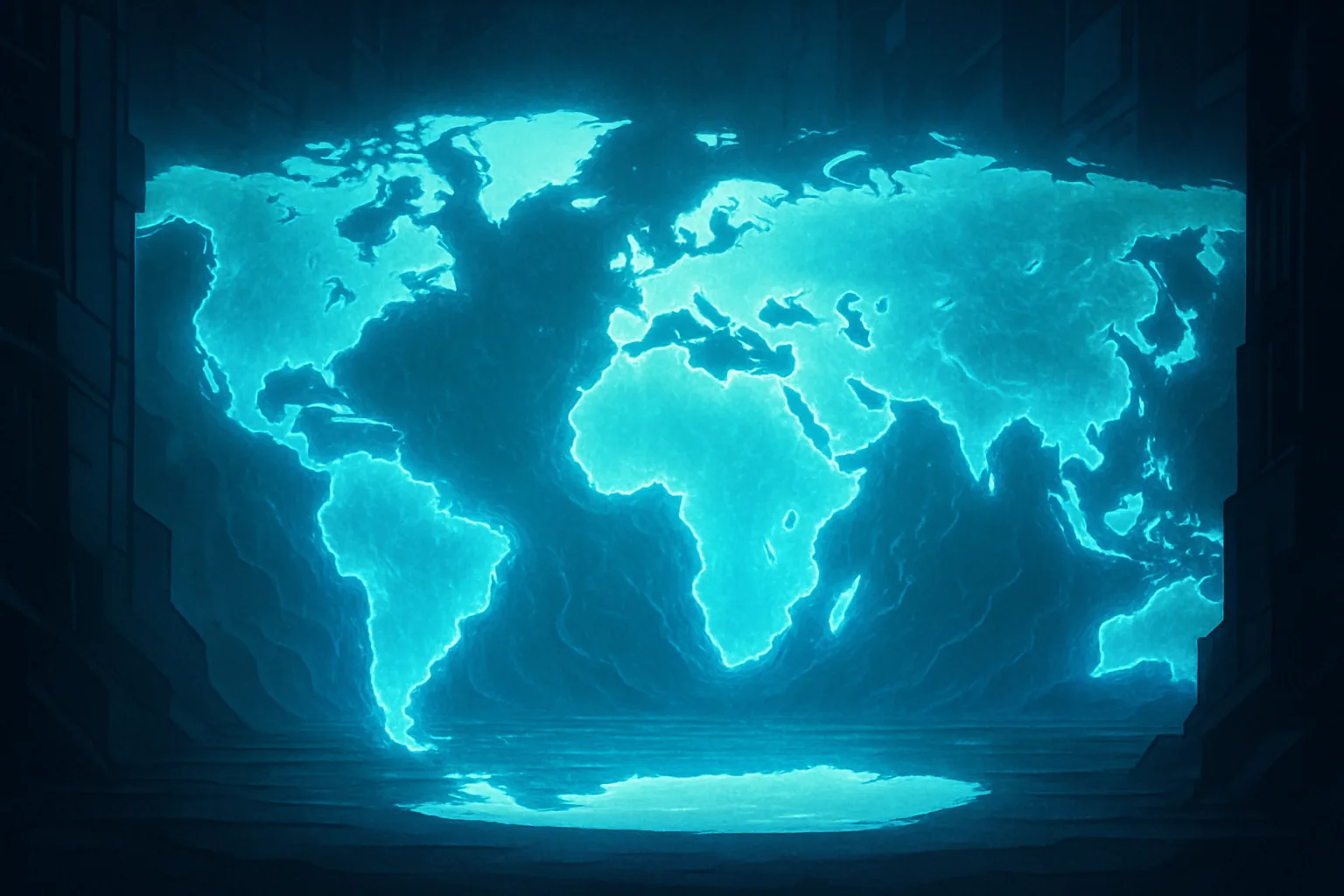 A world map rendered in glowing light slowly dissolves at its coastlines, rising luminous blue water and shimmering heat-haze eating inward from every shoreline, while at the bottom of the frame a pale, untouched southern landmass sits cold, distant, and almost entirely empty.