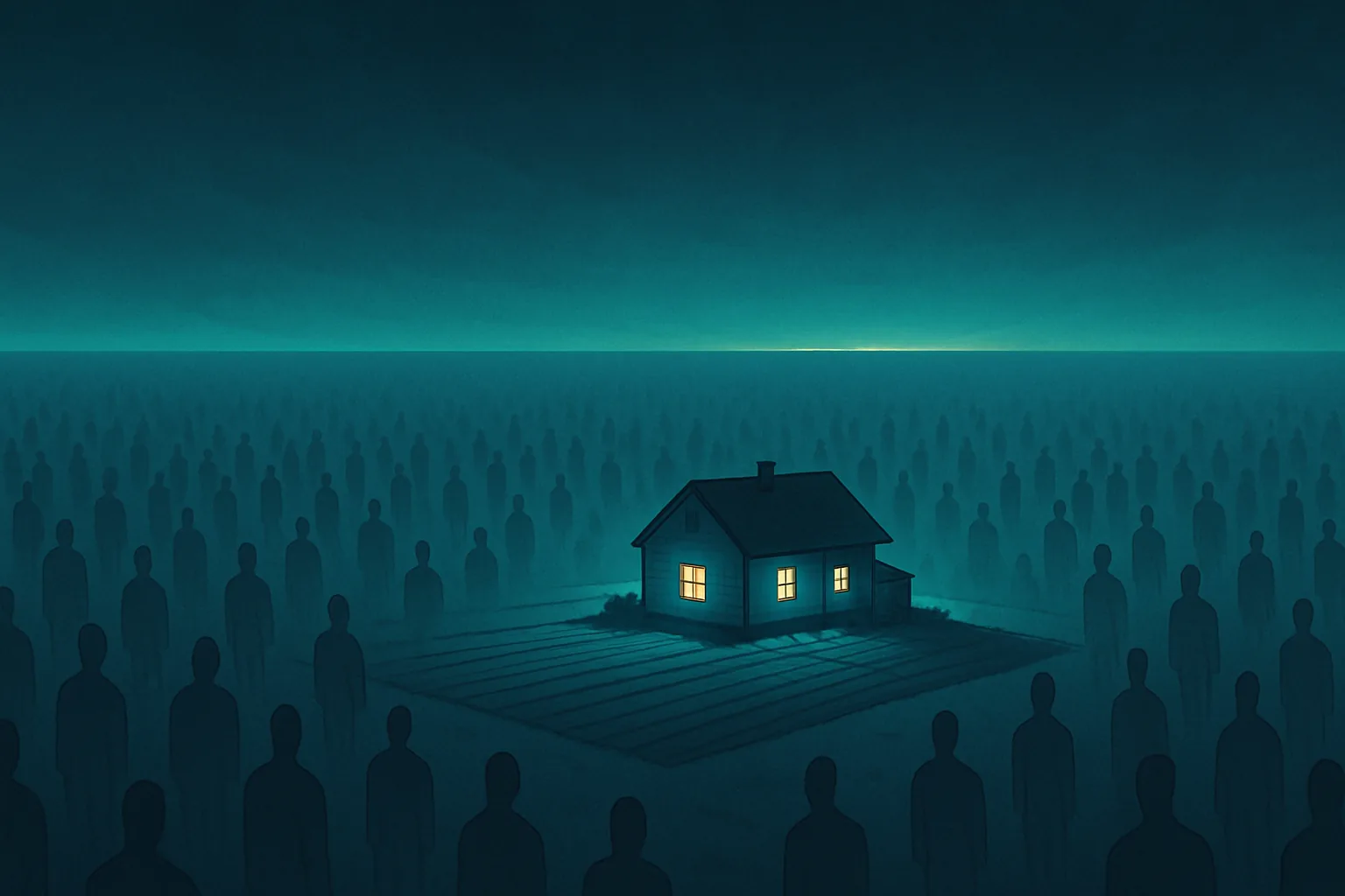A single small farmhouse and a hand-tilled plot of land sit alone on a vast plain, dwarfed and faintly ghost-lit, as countless faint translucent figures stretch out toward the horizon in every direction, each one needing a plot of their own that the land simply does not have room to give.