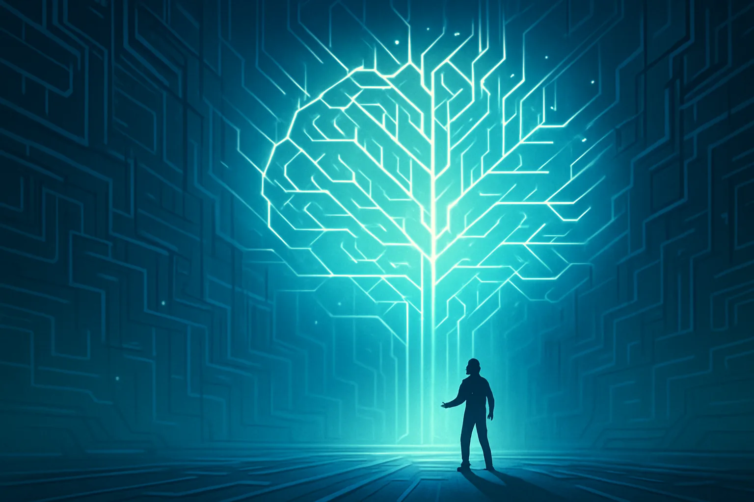 In a glowing chamber of light and circuitry, a luminous geometric mind-form unfolds and multiplies its own branching structures faster than the human silhouette beside it can trace them, each new layer blooming and refining itself in real time, racing ahead under its own power.