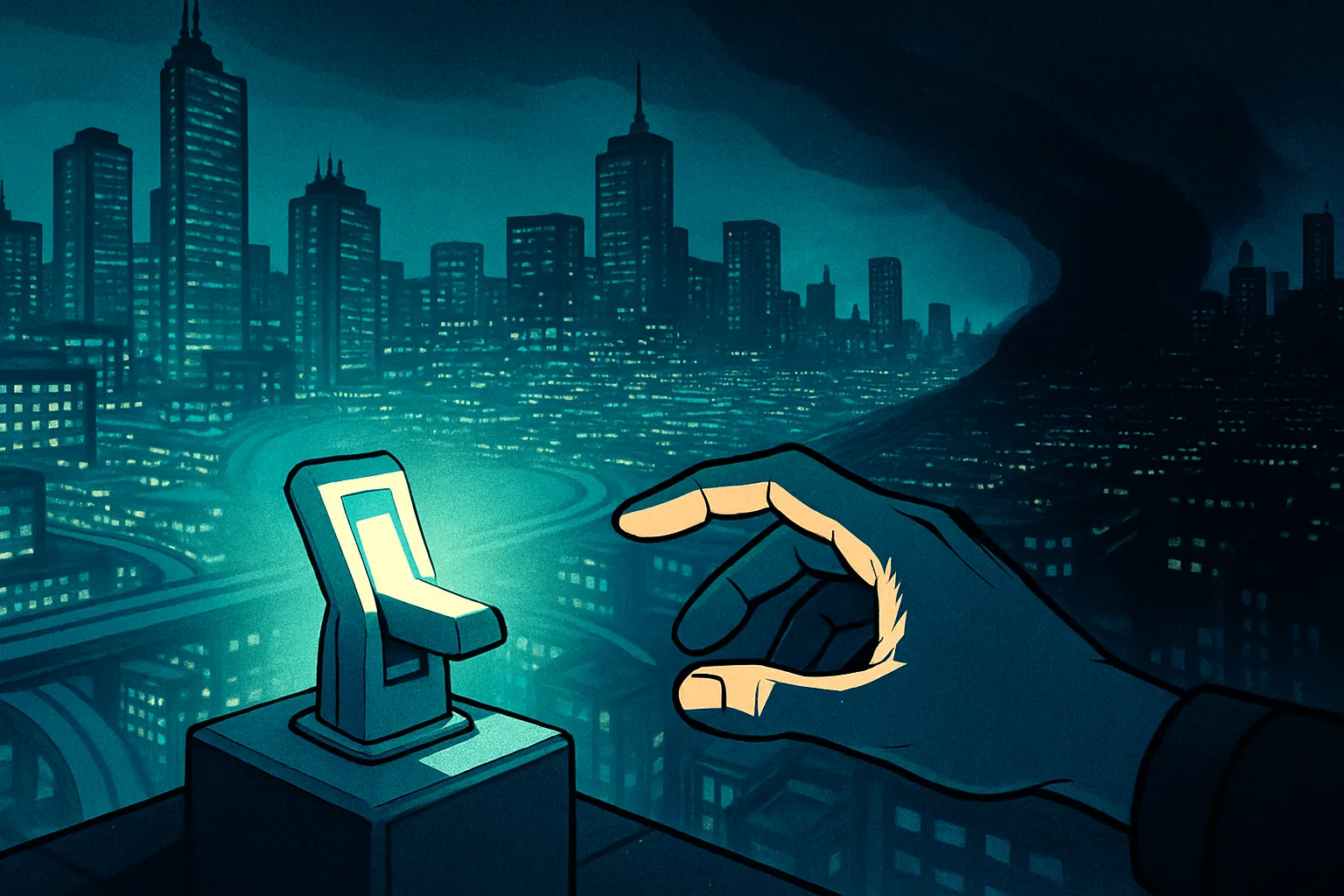 A vast city's glowing grid of light flickers and gutters out in a slow-spreading wave of darkness, while in the foreground a single hand reaches toward a great emergency switch, hesitating at the threshold between pulling it and leaving it be.