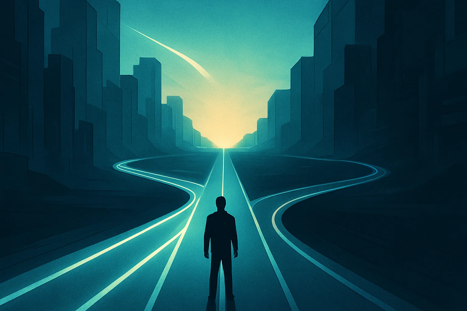Standing at the convergence of four glowing roads that all run together and vanish into a single point of light on the horizon, a lone figure faces a great fork where that one path splits cleanly into two, one curving up toward a bright dawn sky and the other bending down into a colder, dimmer dusk.
