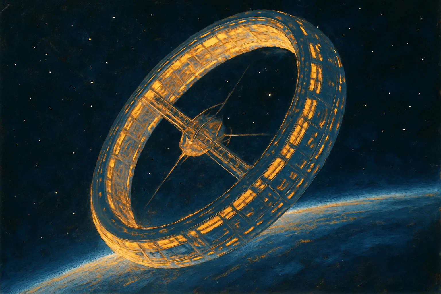Against a star-strewn black sky, a vast ring-shaped orbital habitat catches the first hard light of a distant sun, its glowing windows and structural lattice rendered in crisp luminous detail as it slowly turns above the curved blue limb of the Earth.