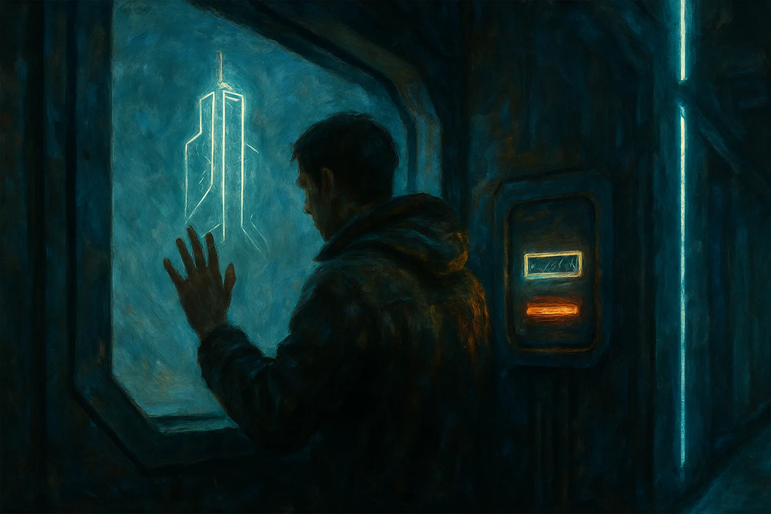 In a cold, shadowed orbital corridor, a lone figure presses a hand against a thick reinforced window labeled with nothing but a glowing meter ticking down a personal air-and-water allowance, while far above, a gleaming corporate tower of light controls every valve and vent in the structure from a distance.
