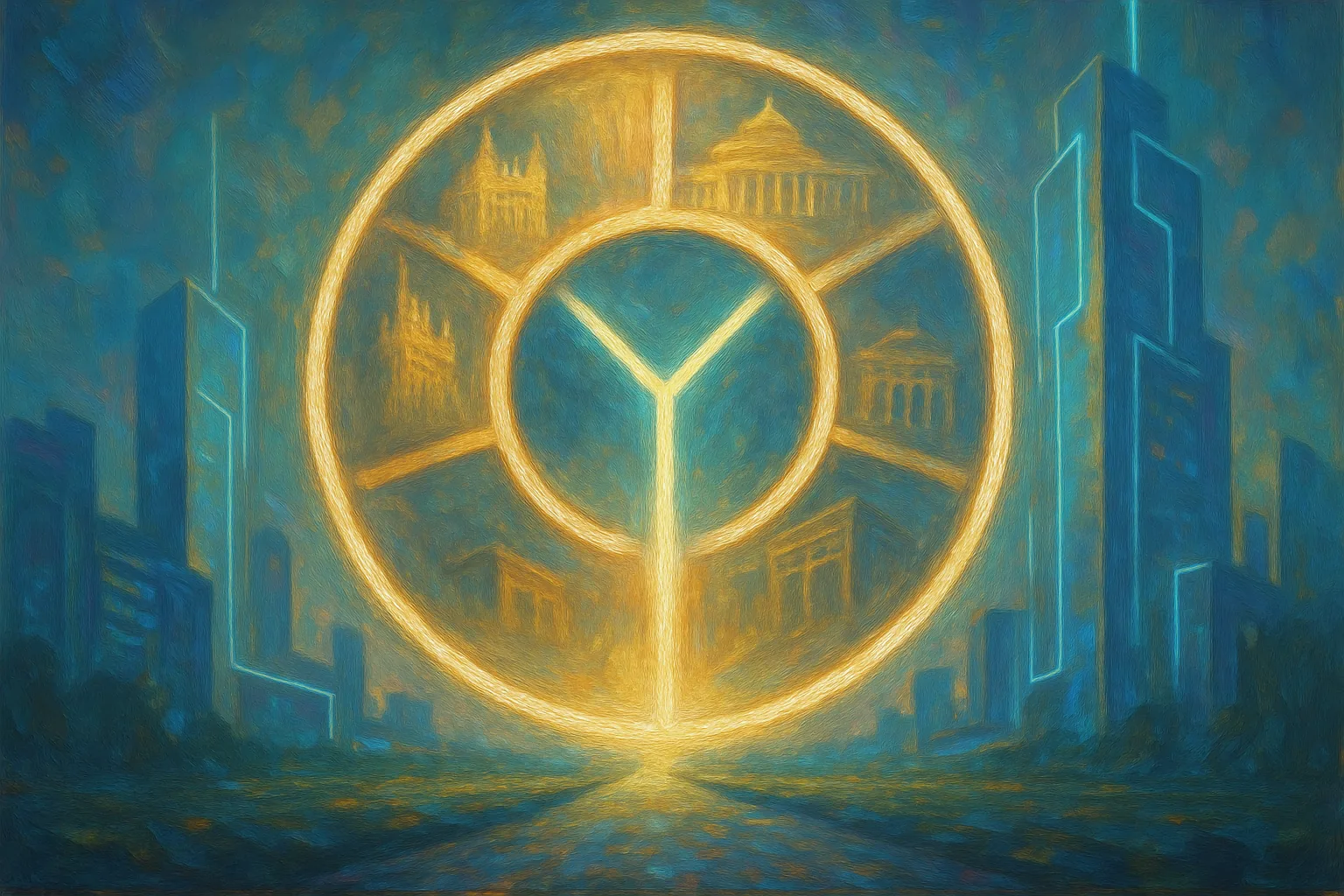 A great luminous wheel of light slowly rotates through the ages, its rim showing glowing fragments of crowns, parliament halls, factory gates, and corporate towers passing in sequence, while at its hub a single bright fork of two diverging paths waits, unchanged, at the center of every era.