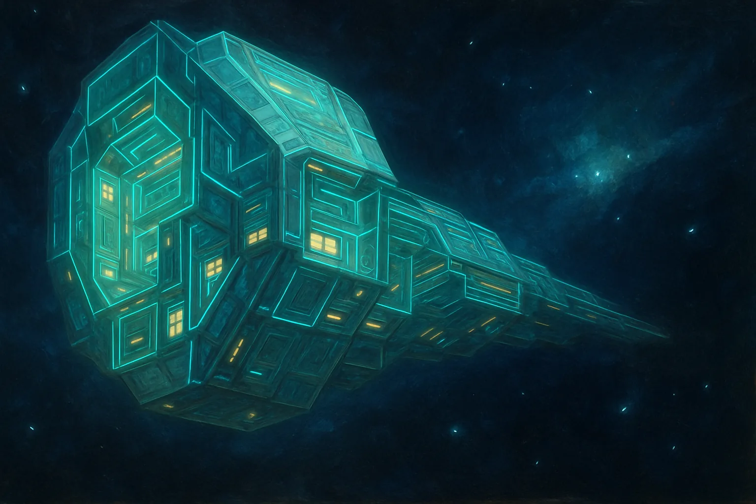 A vast, intricately structured probe of glowing geometric panels and slowly shifting internal architecture drifts through deep space toward a far cluster of unfamiliar stars, its form quietly reconfiguring itself piece by piece as it travels, dwarfing the cold points of light around it.