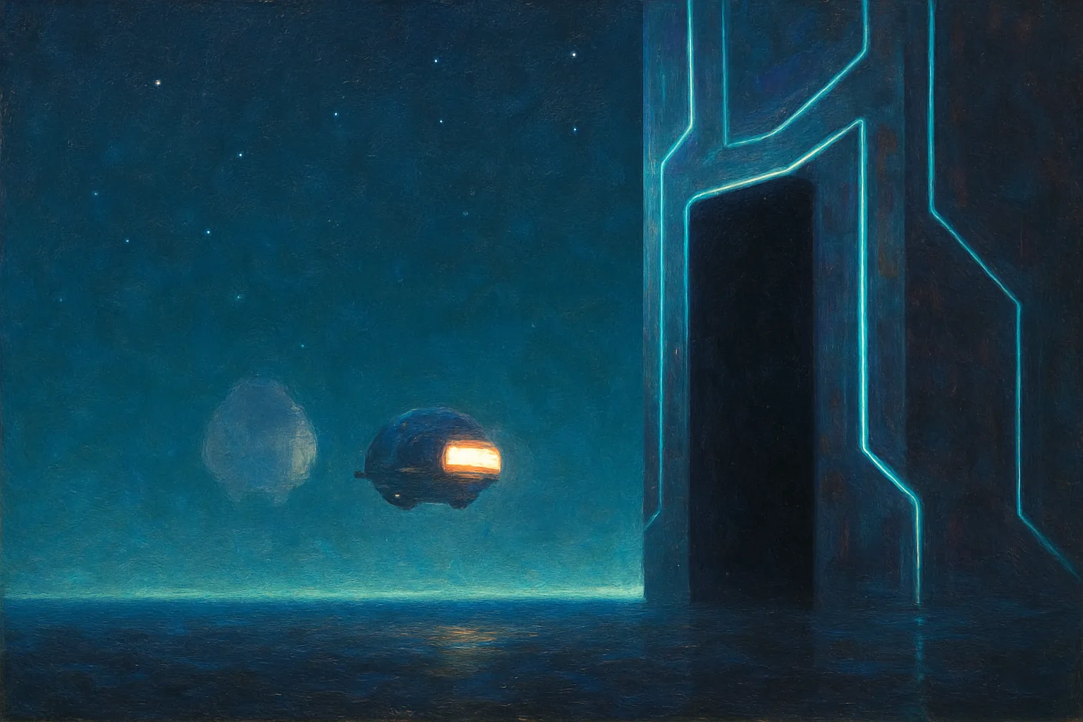 On a luminous deep-space horizon, a single small returning craft glows faintly as it approaches a vast dark threshold of unknown territory, its form subtly altered and unfamiliar compared to its own departure silhouette glowing faintly in memory beside it, the difference between the two quietly unsettling.