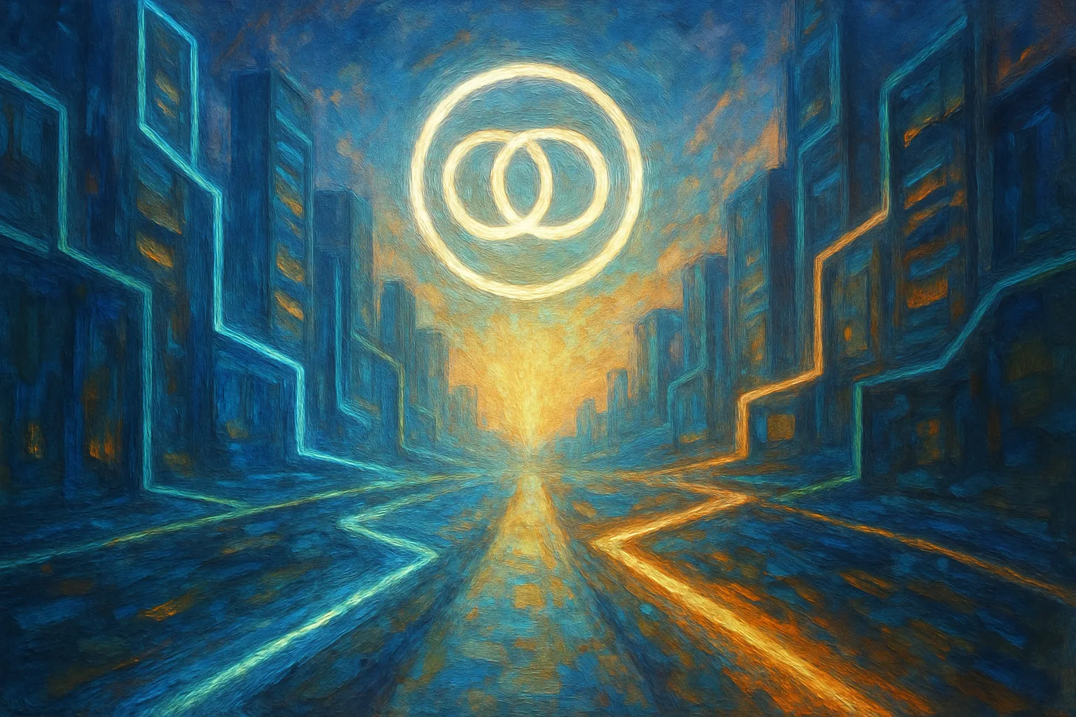 At the exact center of a great fork in the road through a glowing night city, a single covenant-seal of light hovers above the convergence point, its radiance reaching evenly down both branching paths at once — steadying and connecting them rather than choosing between them.