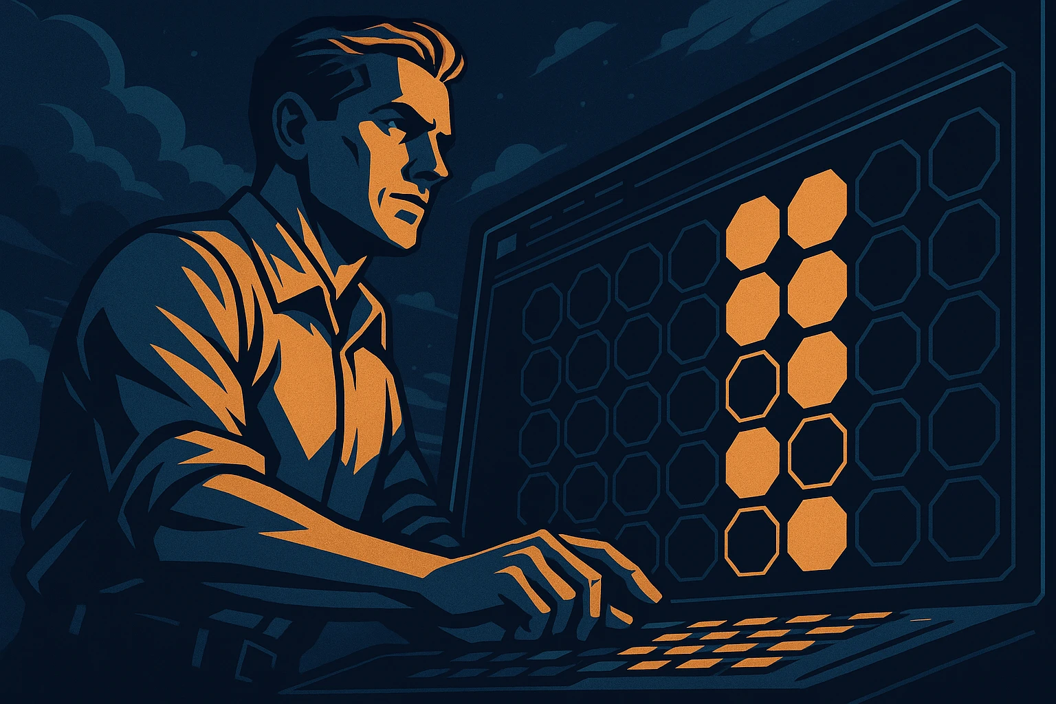A glowing agent figure stands beside a luminous server rack, marking an entry in an appointment ledger with calm, deliberate intent.